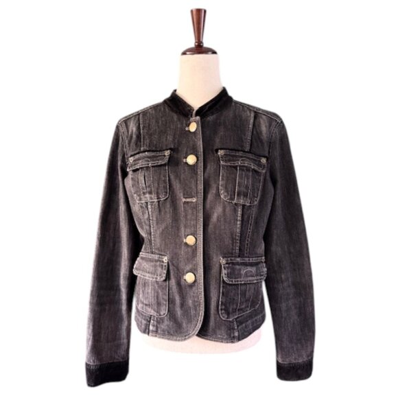 DKNY Jeans Women's Black Cropped Denim Military Style Jacket Stretch Faded L EUC - Picture 3 of 16